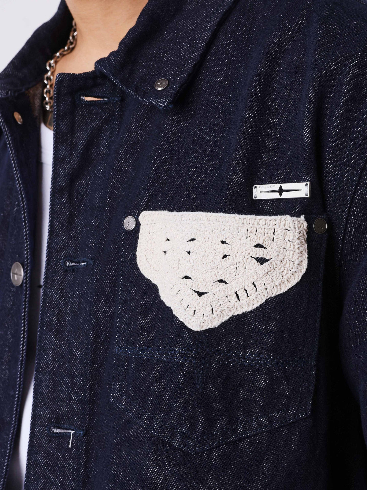 PXP - VESTE EN DENIM NOIR BANDE CROCHET BEIGE