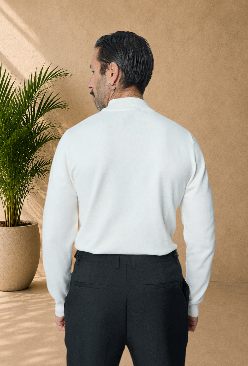 Stayin white slim-fit mock neck sweater worn by a man, back view showing fine knit texture