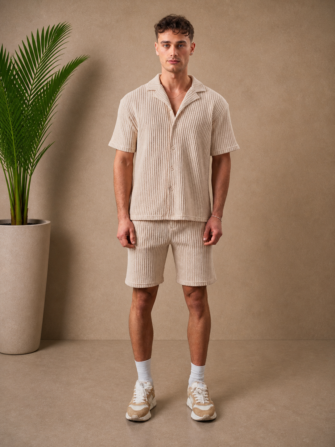 Ensemble short chemise maille beige