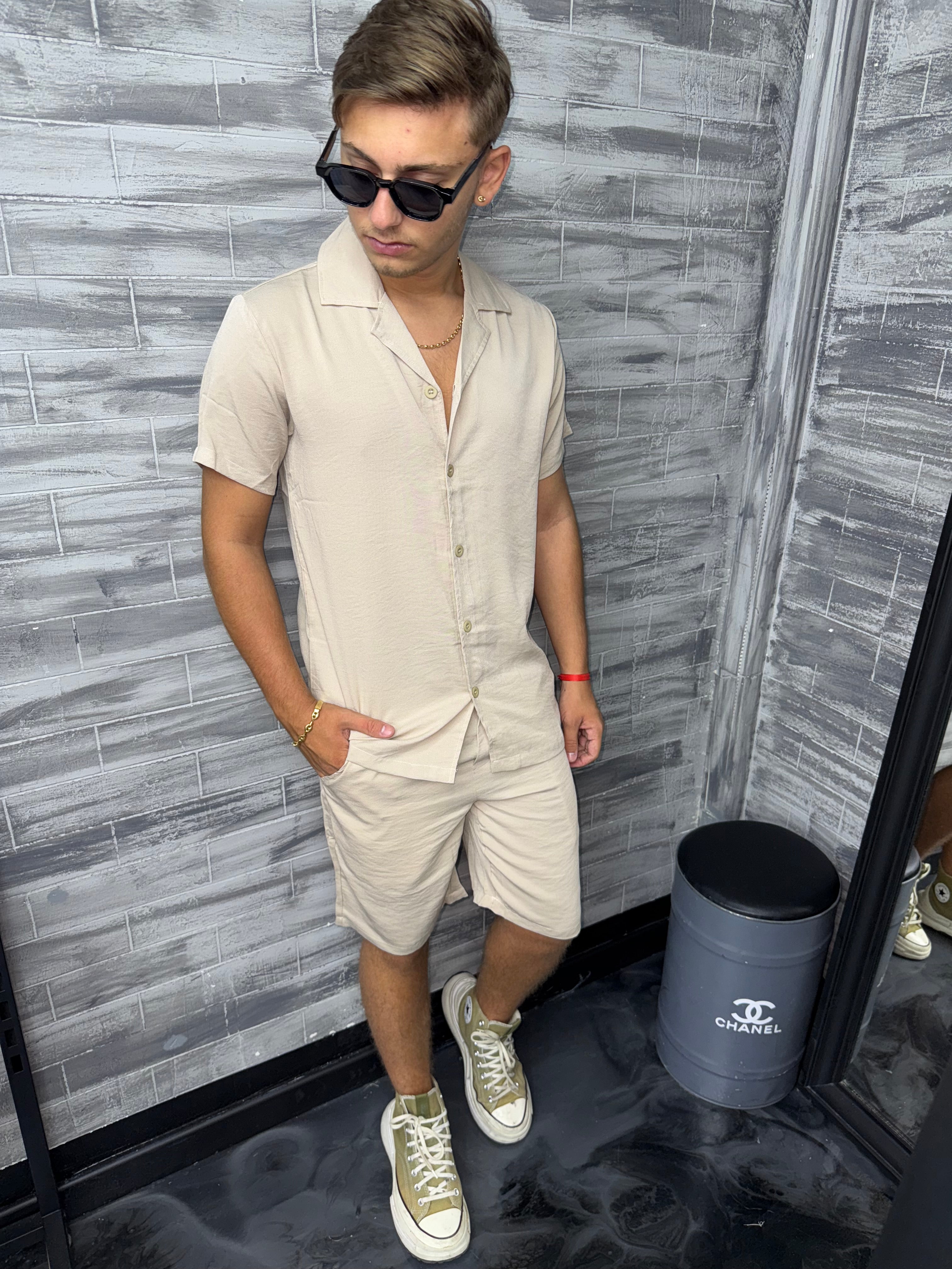 Ensemble Ibiza short + chemise beige