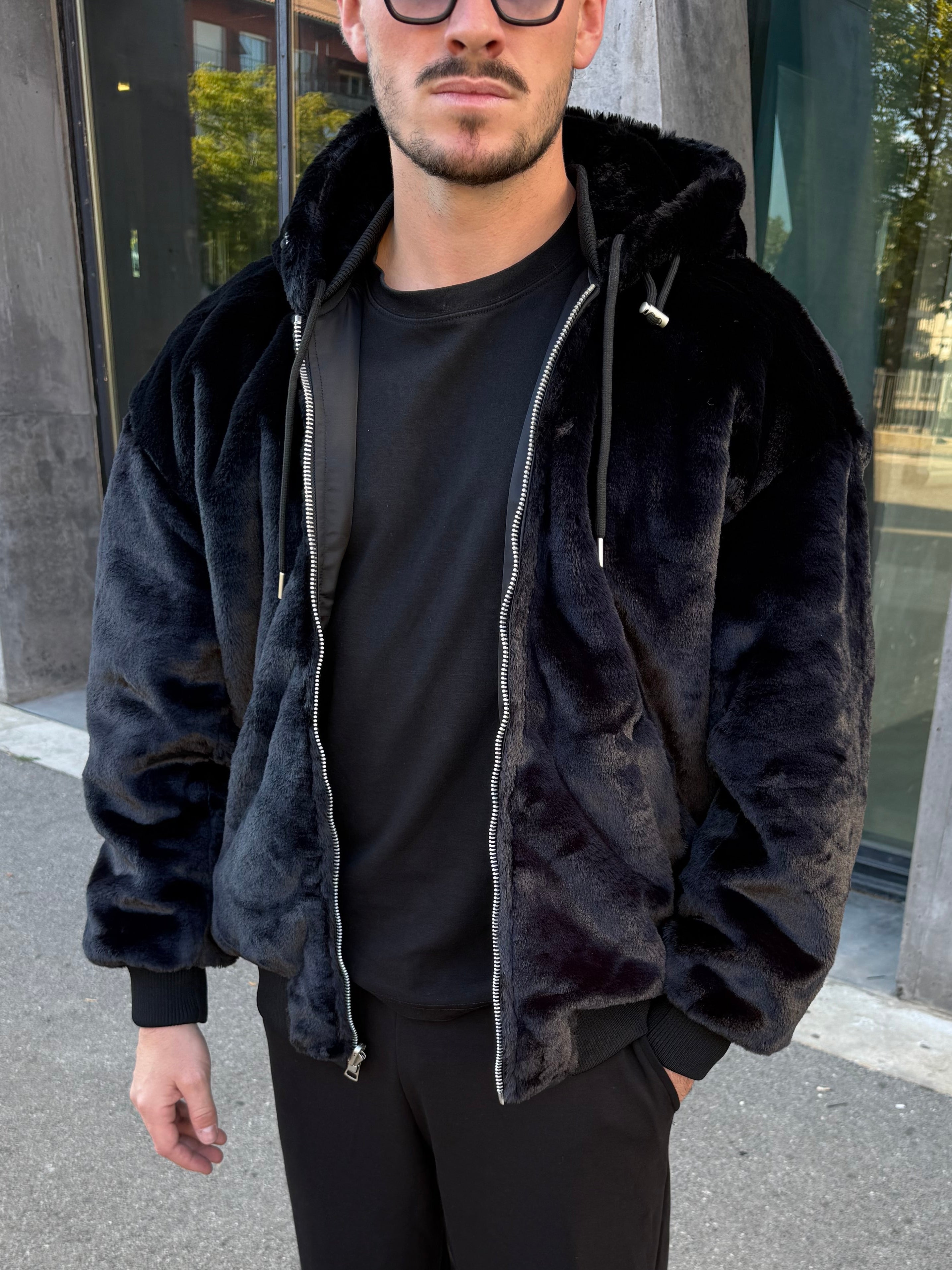 Veste réversible noir nylon / fourrure