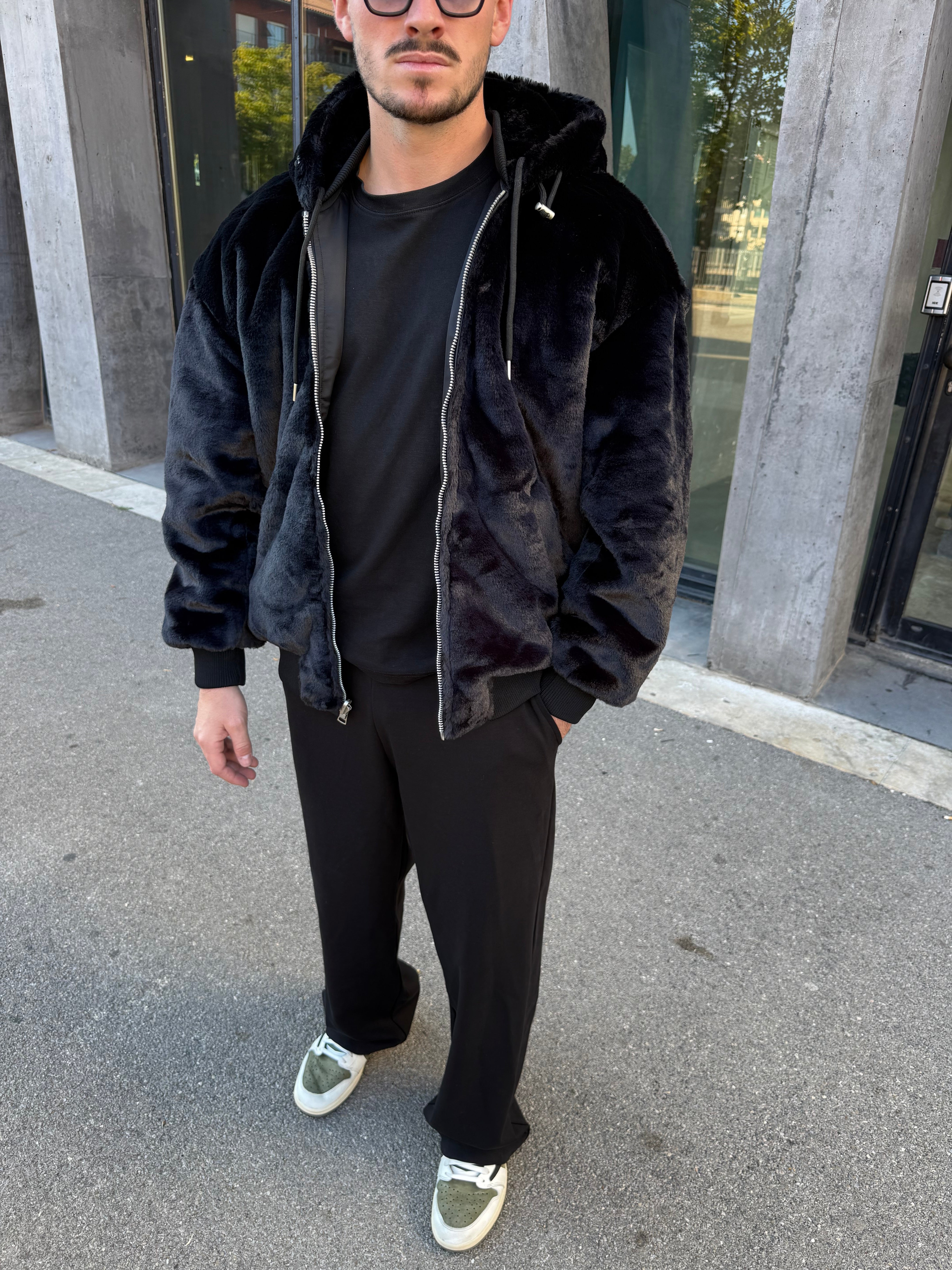 Veste réversible noir nylon / fourrure