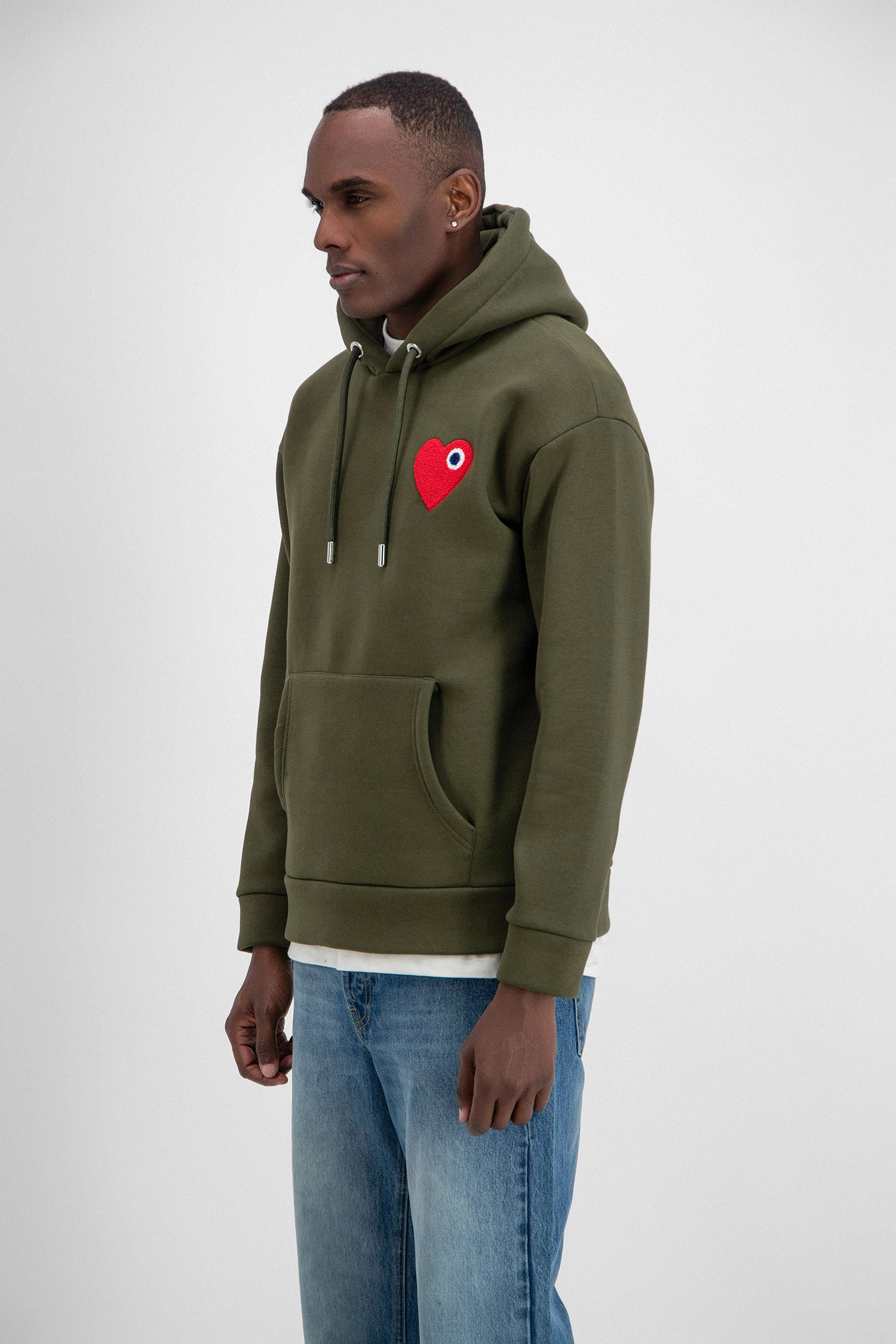 Sweat capuche kaki Cœur rouge