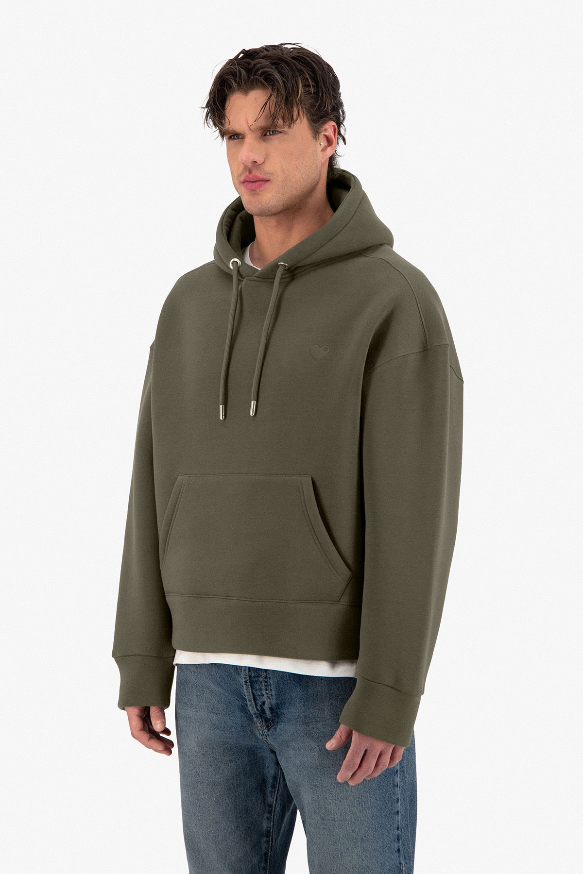 Sweat capuche kaki petit cœur
