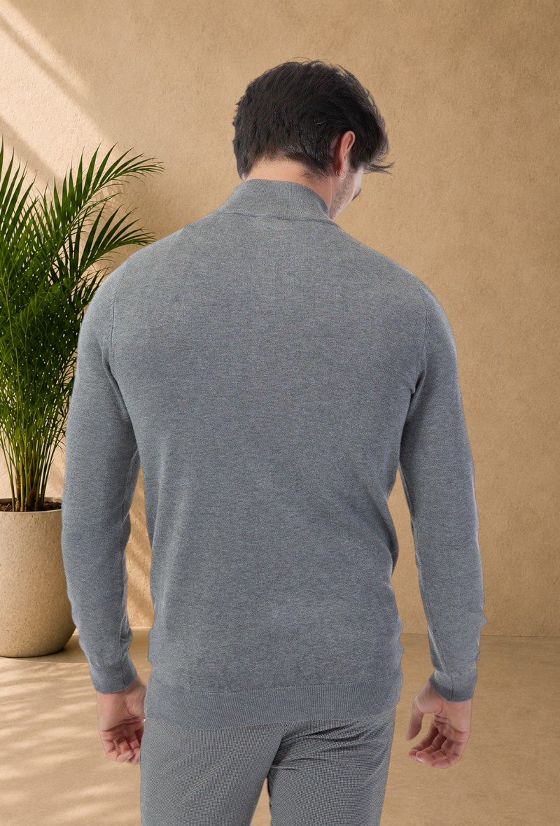 Back view of a man wearing a Stayin grey slim-fit mock neck sweater made of fine knit fabric