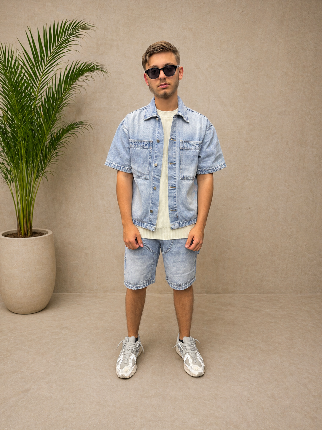 Ensemble short et chemise en jean bleu ciel