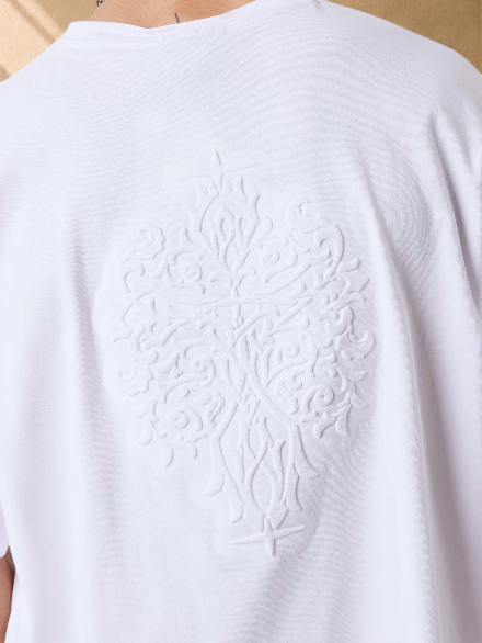 Stayin white boxy cotton t-shirt featuring a large tonal embossed graphic design on the back