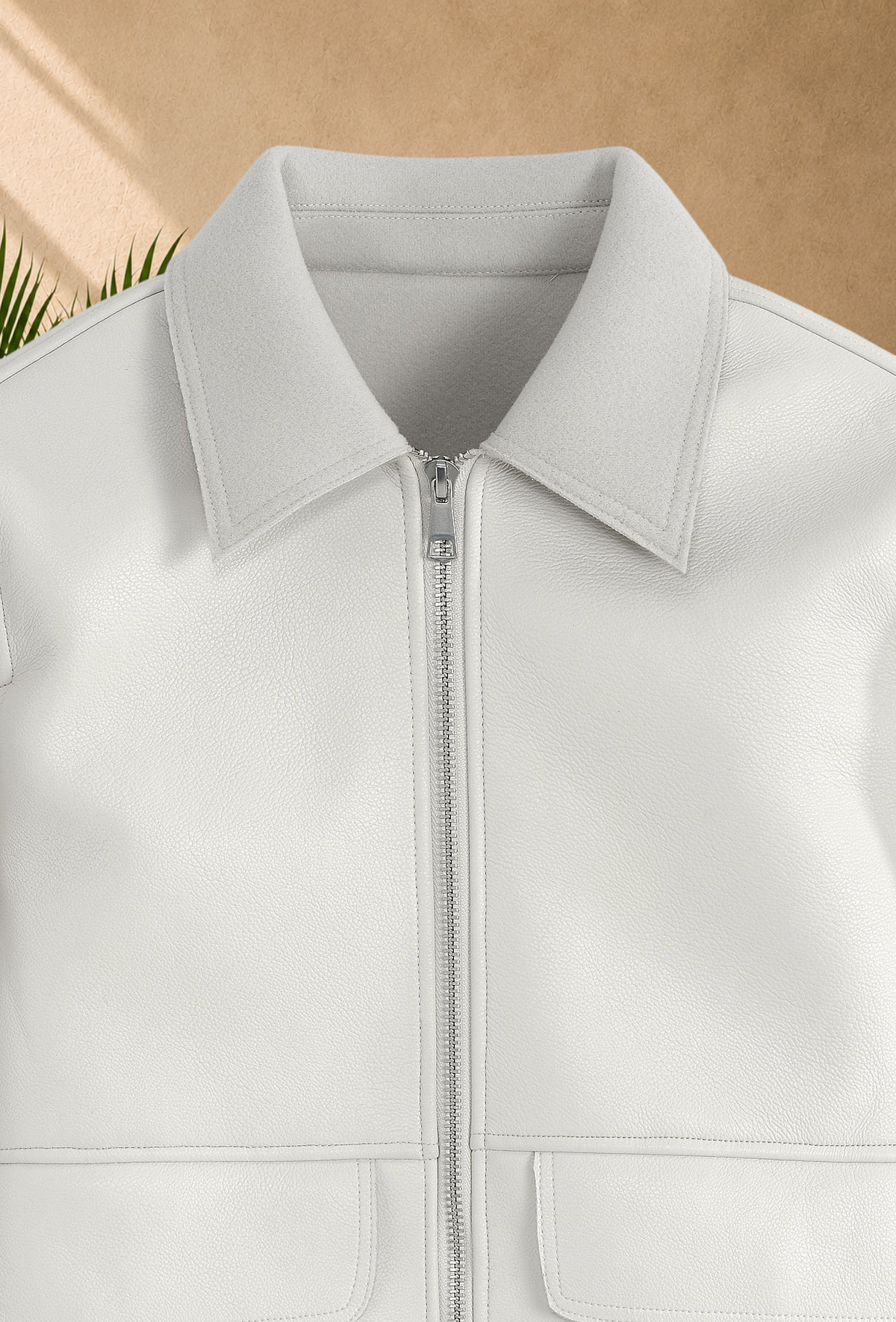 Stayin off-white zip-up jacket with a classic collar and soft textured material for a casual chic look.