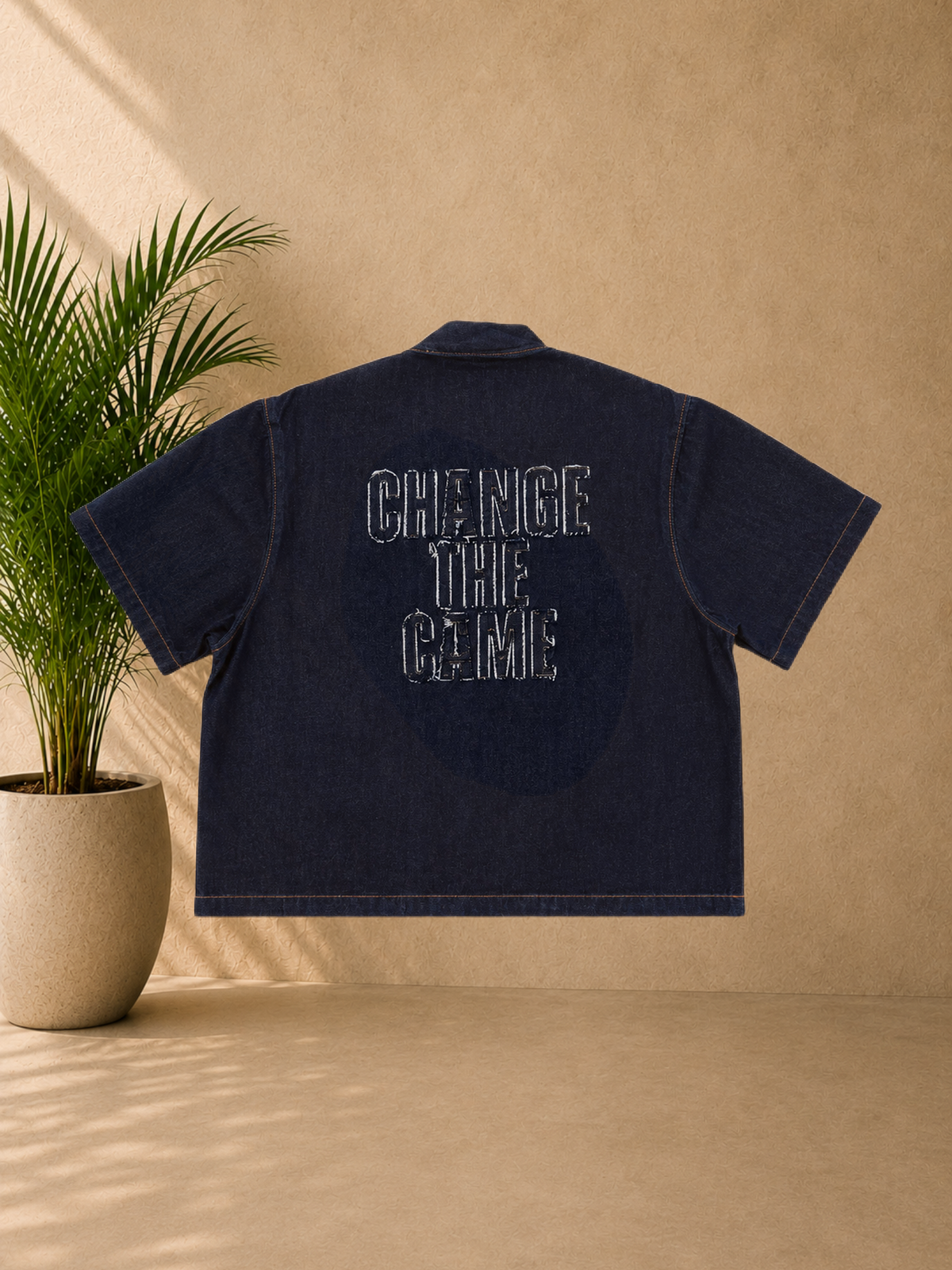 Stayin PXP boxy fit raw denim t-shirt with V-neck and Change the Game graphic on the back