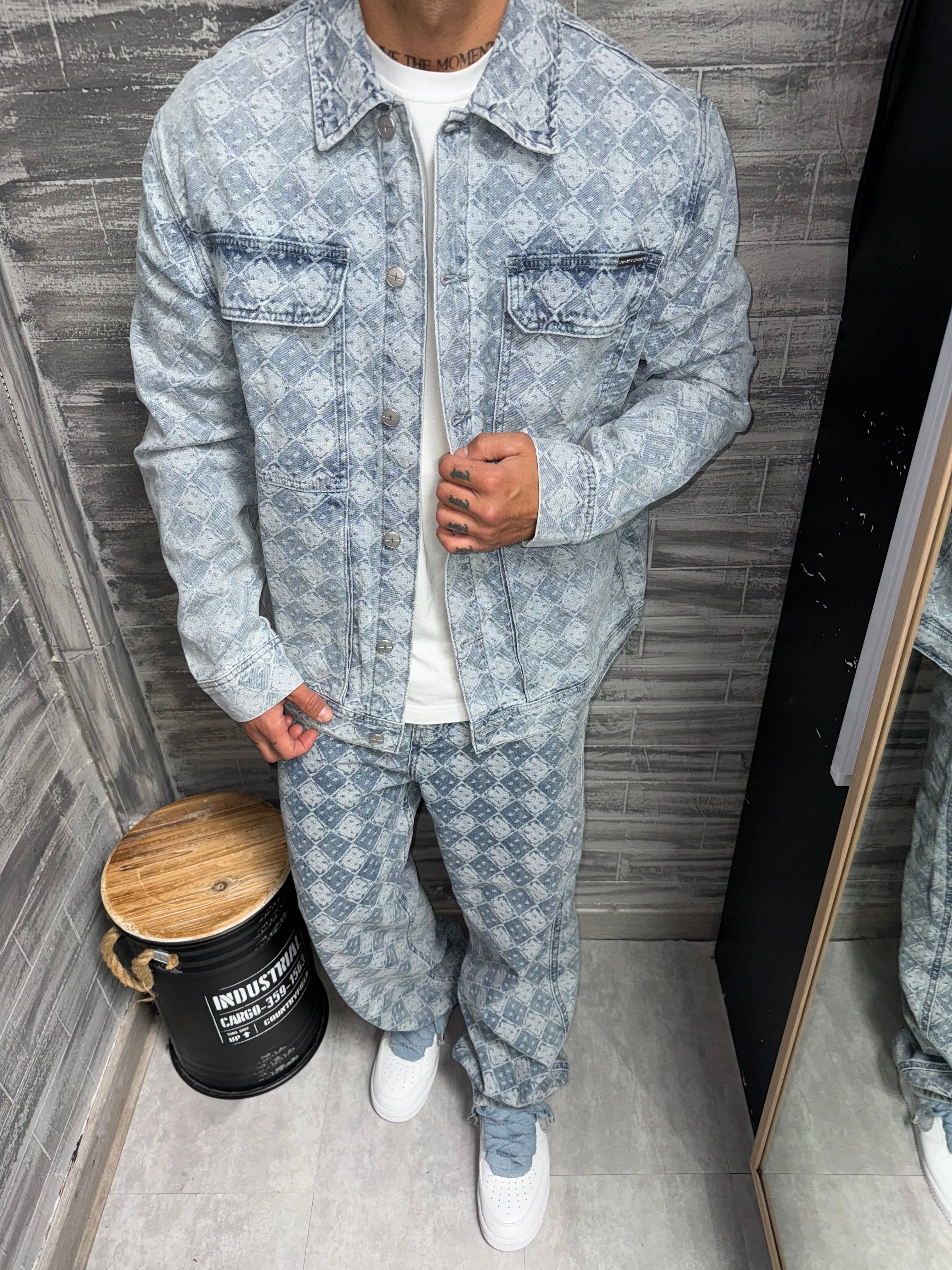 Veste Jean bleu motif géométrique