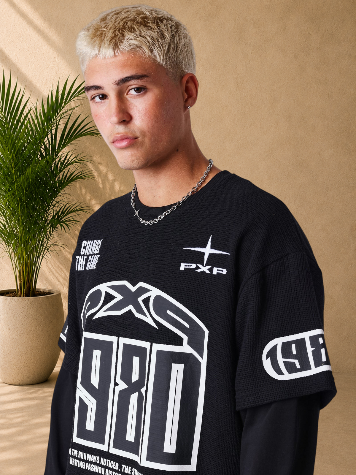 Stayin black long sleeve PXP Matchday t-shirt in cotton mesh with graphic prints and layered sleeve design