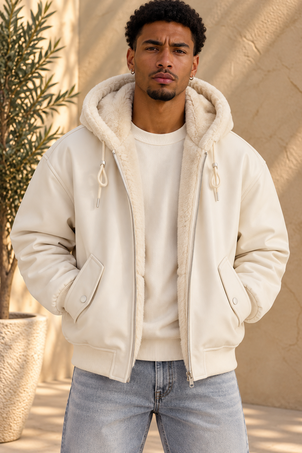 Veste bomber crème réversible similicuir / fourrure