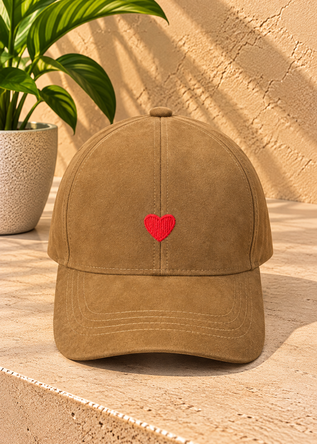 Casquette Coeur rouge daim marron