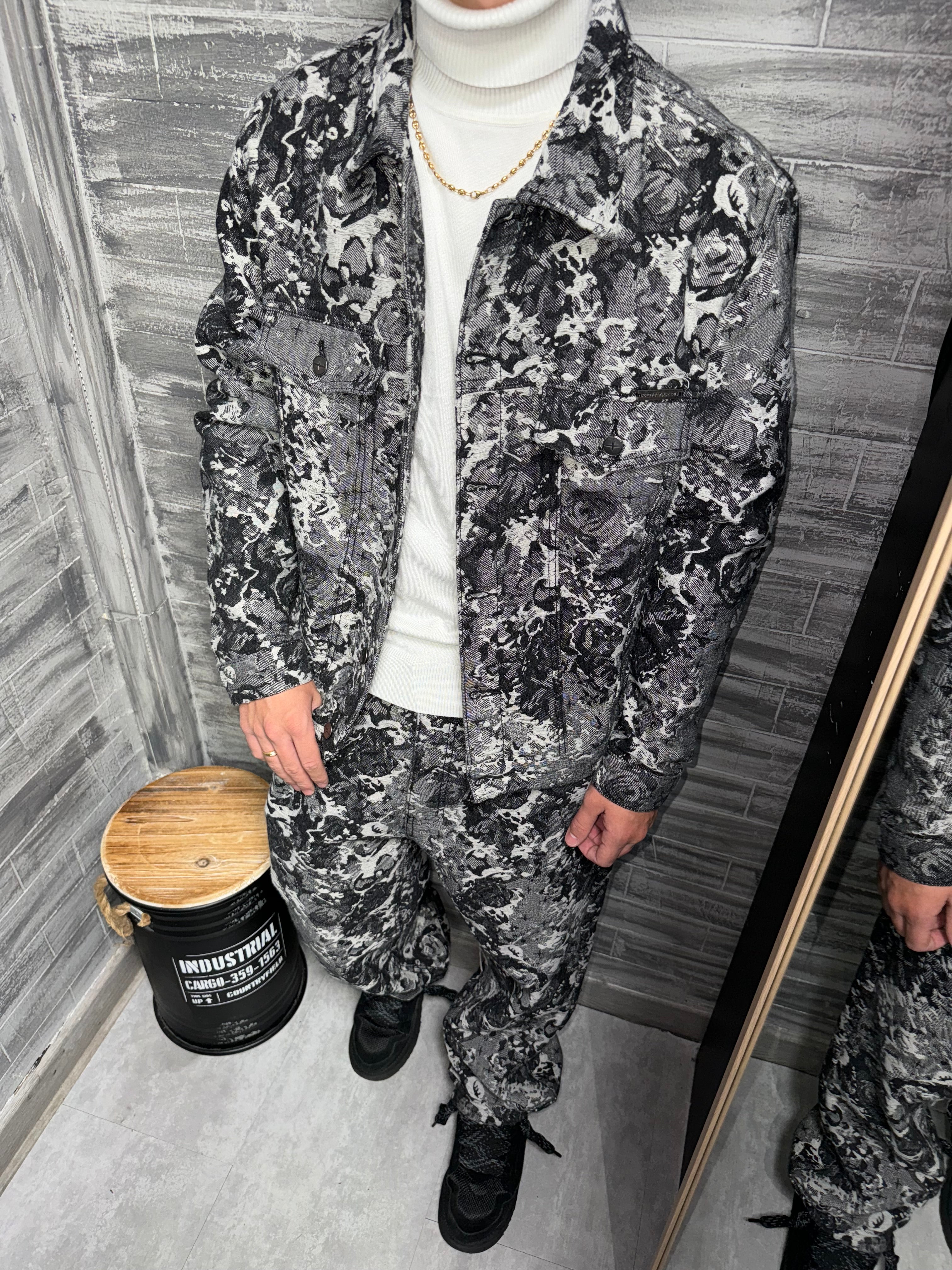 Veste Jean large noir motif abstrait