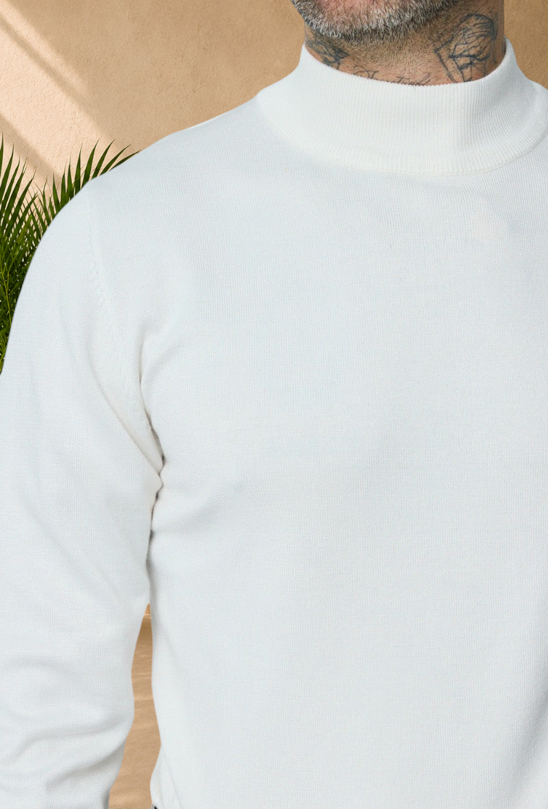 Stayin white slim-fit turtleneck sweater in fine knit fabric worn by a model