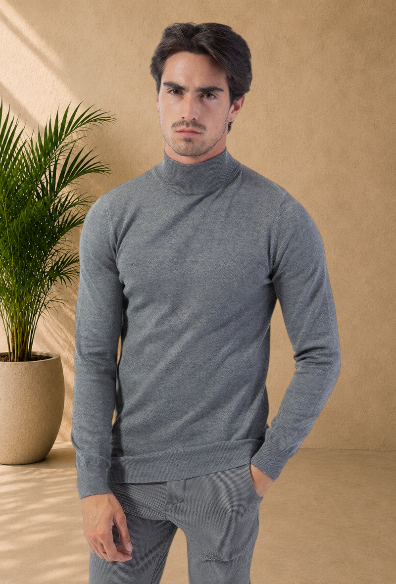 Stayin grey slim-fit mock neck sweater worn by a male model on a neutral background