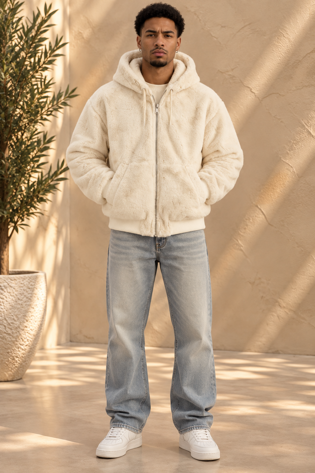 Veste bomber crème réversible similicuir / fourrure