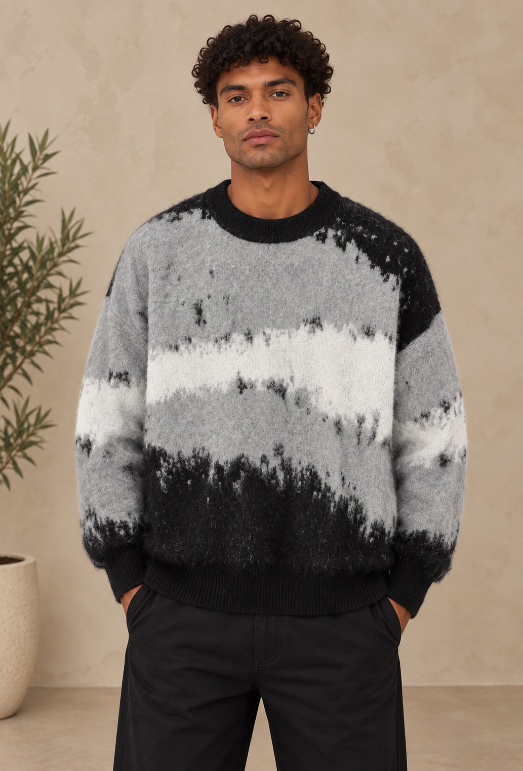 Pull fourrure gris motif noir blanc
