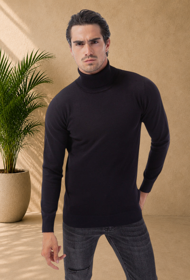 Stayin navy blue slim-fit turtleneck sweater worn by a male model against a plain studio background
