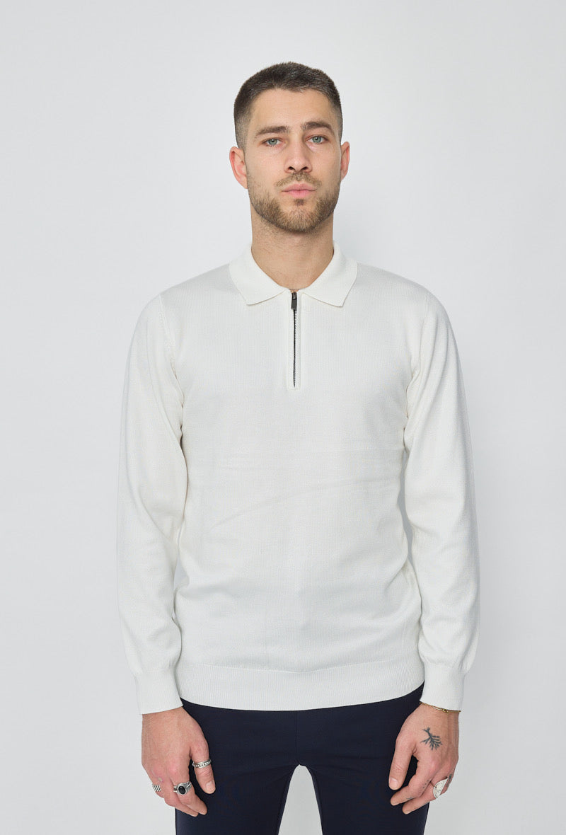 Polo zip manche longue blanc