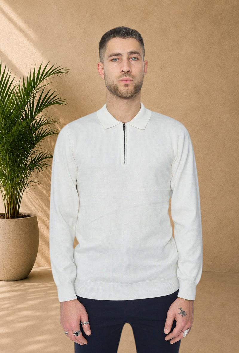 Stayin white long sleeve polo sweater with a quarter-zip collar worn by a male model