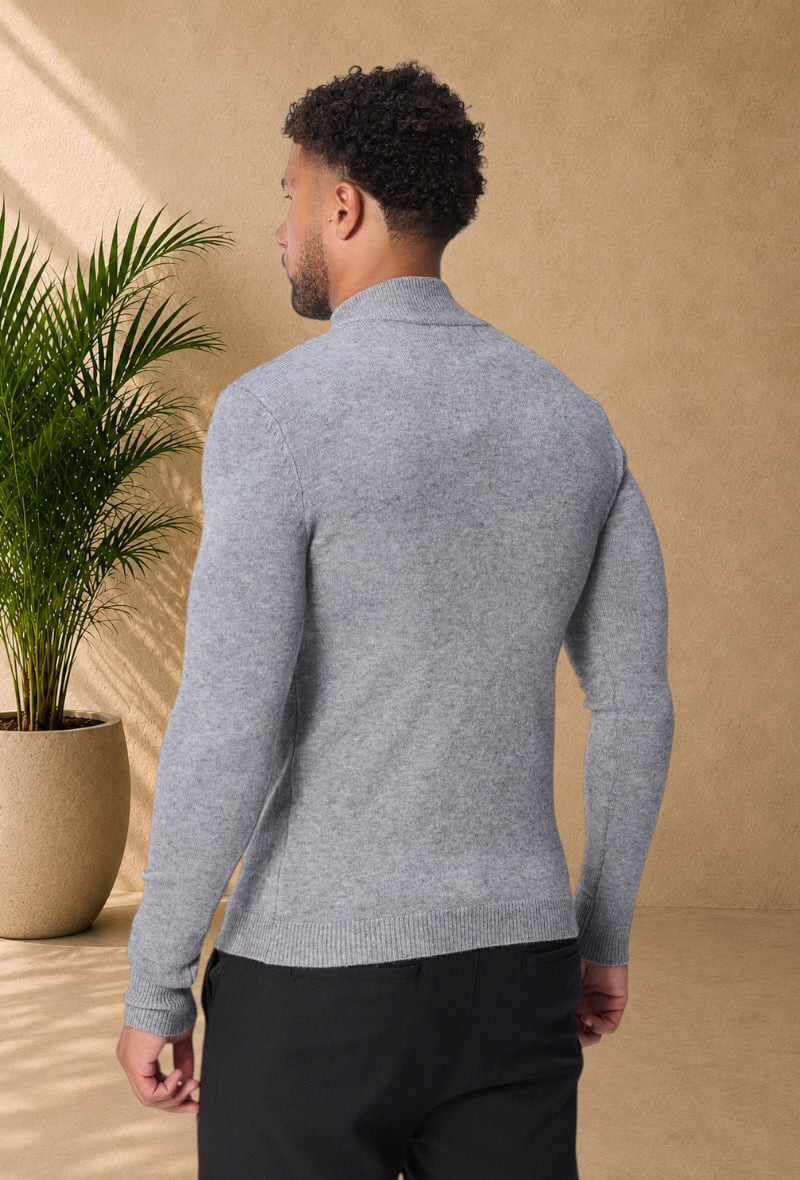 Stayin grey knit sweater with a mock neck, worn by a man from the back view, featuring soft textured fabric.