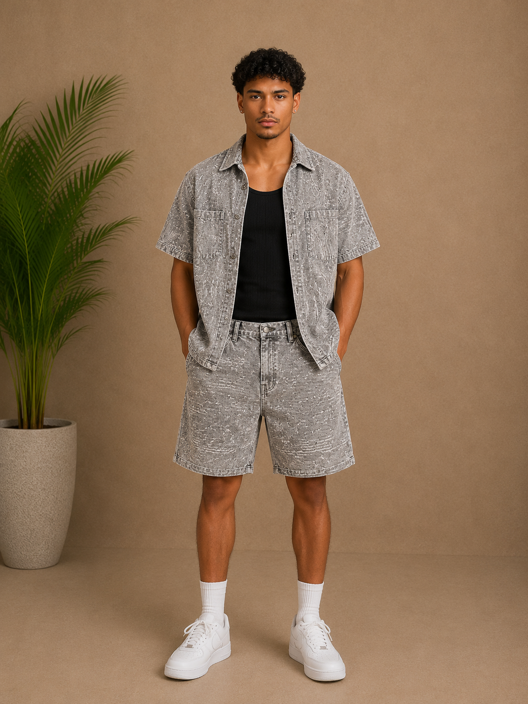 Ensemble short et chemise gris destroy
