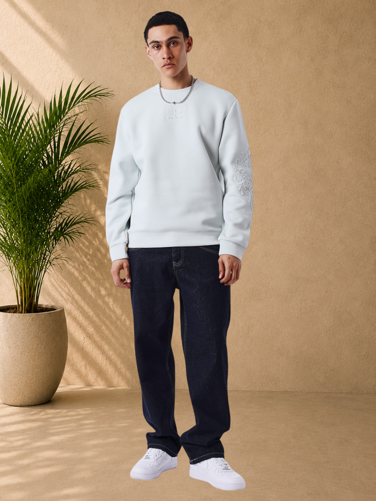 Stayin light grey regular fit crew neck sweatshirt with embroidered chest logo and embossed sleeve detail