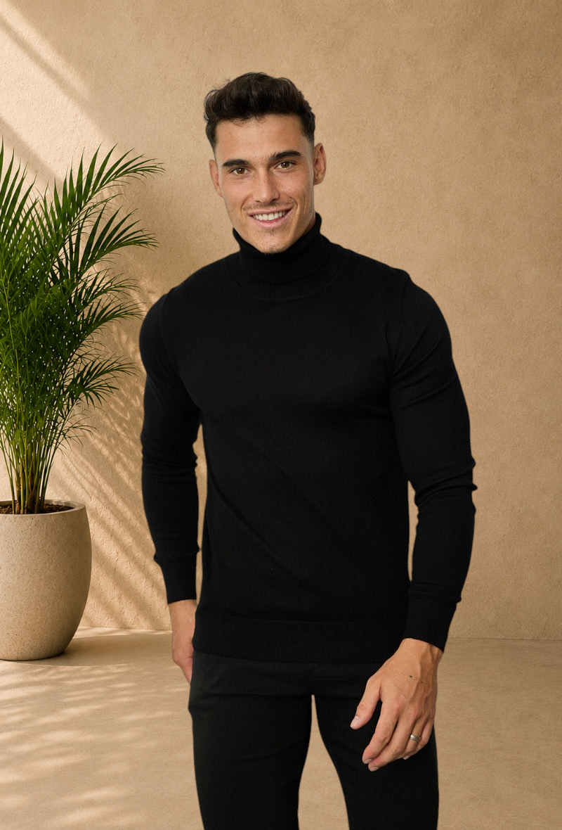 Stayin black slim-fit turtleneck sweater worn by a male model against a neutral background