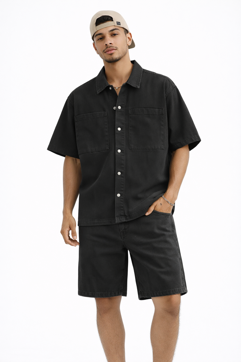 Ensemble short et chemise en jean noir