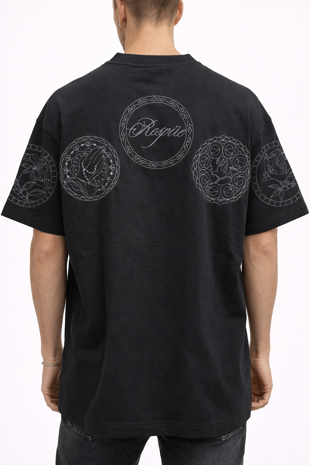 T-shirt oversize RESPIRE noir motifs cercles brodés