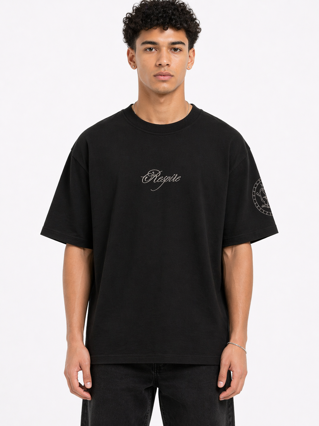 T-shirt oversize RESPIRE noir motifs cercles brodés