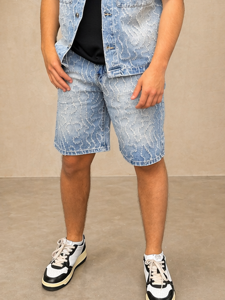 Short en jean bleu à motif délavé