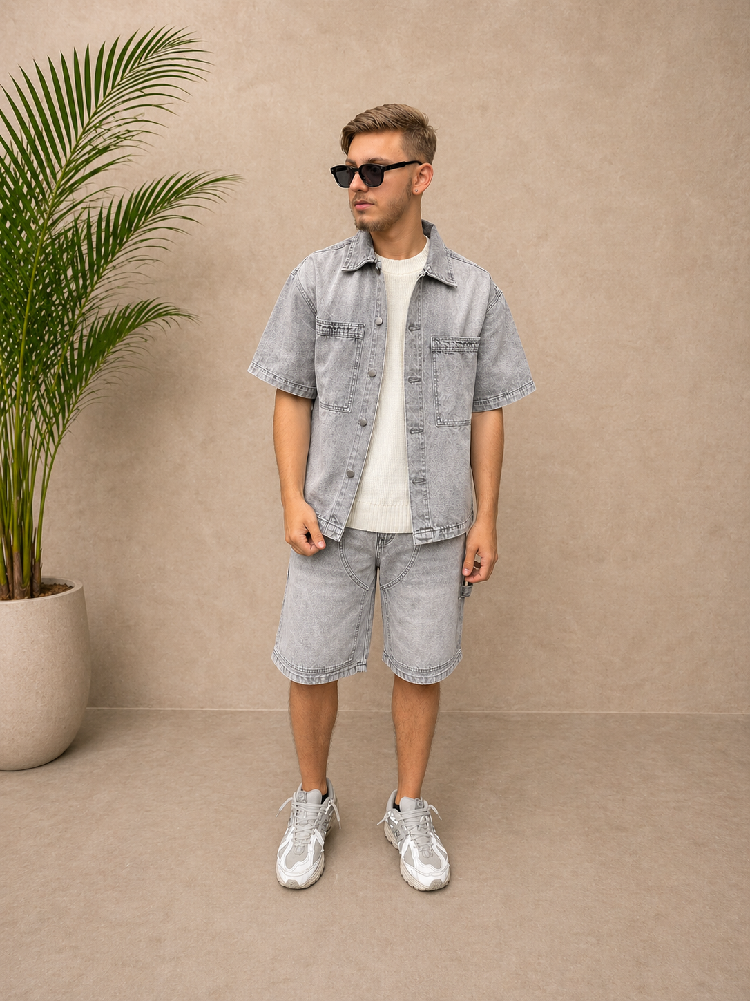 Ensemble short et chemise en jean gris clair