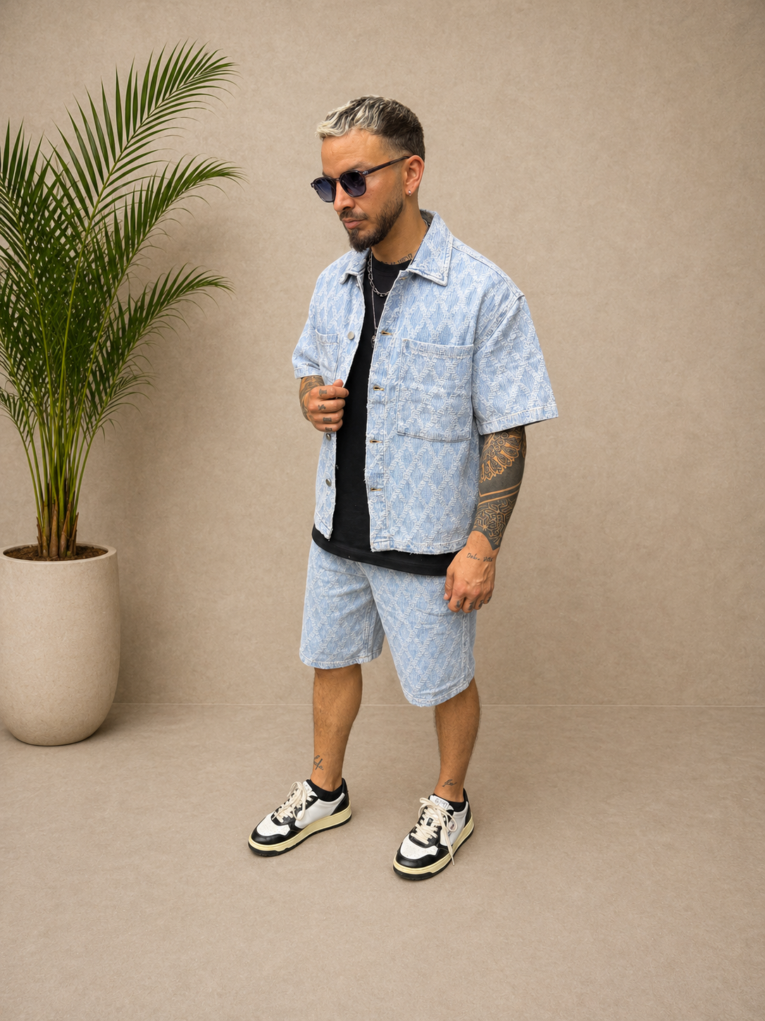 Ensemble short et chemise en jean bleu losange