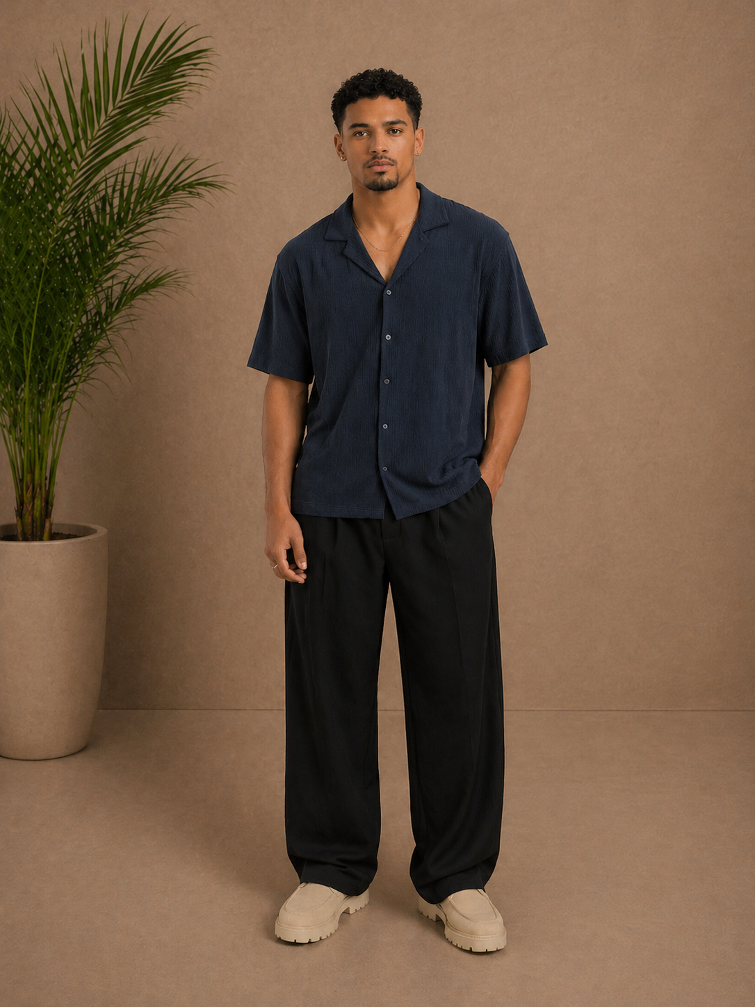 Chemise manches courtes texturée bleu marine