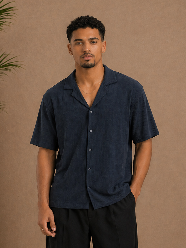 Chemise manche courte texturé bleu marine