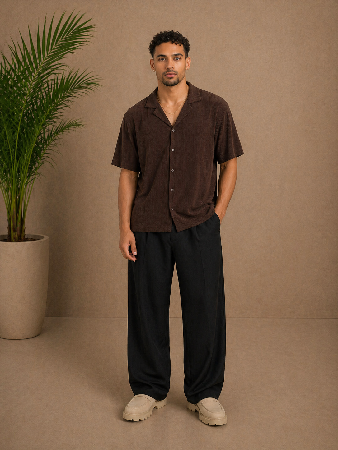 Chemise manches courtes texturée marron