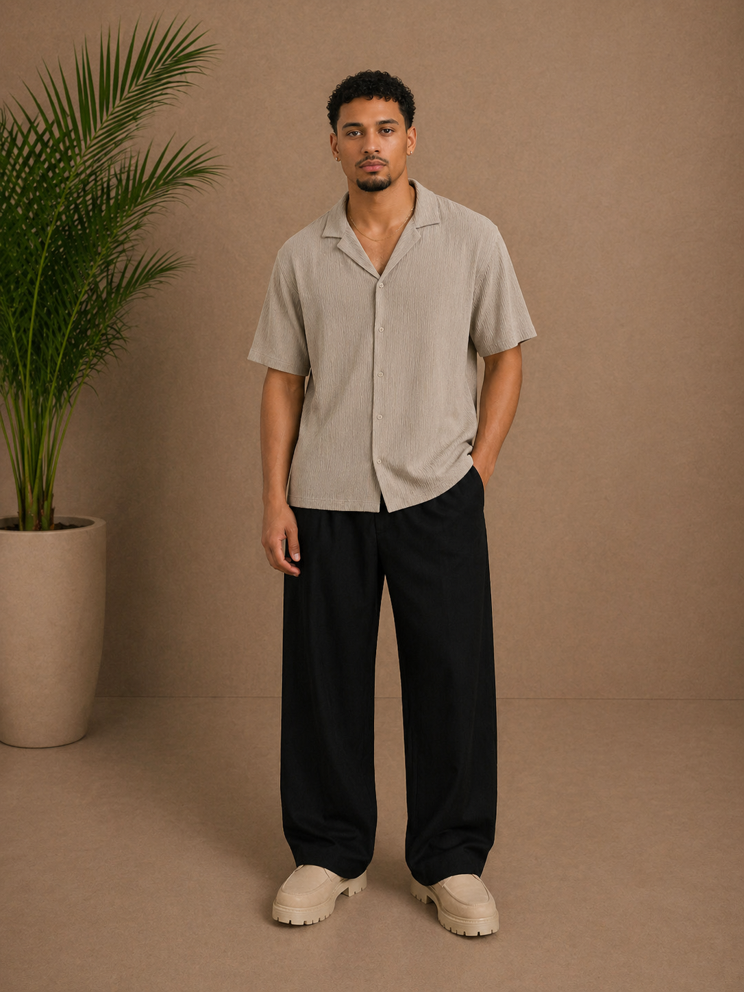 Chemise manches courtes texturée beige