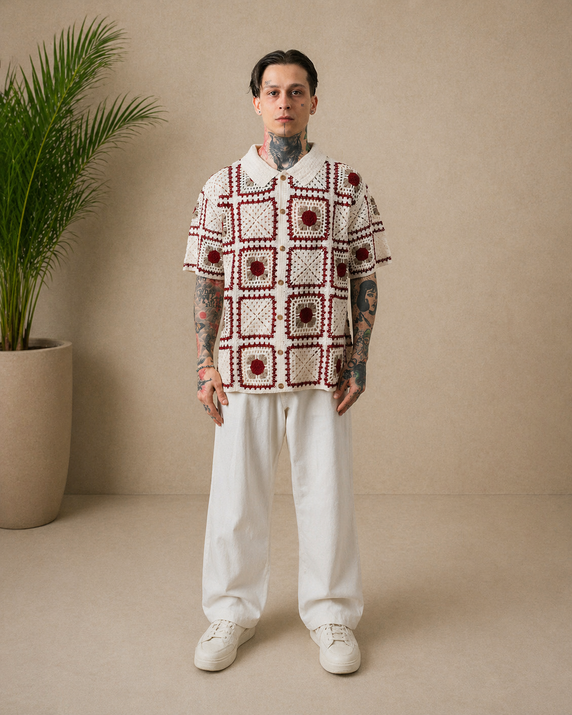 Chemise crochet beige et rouge