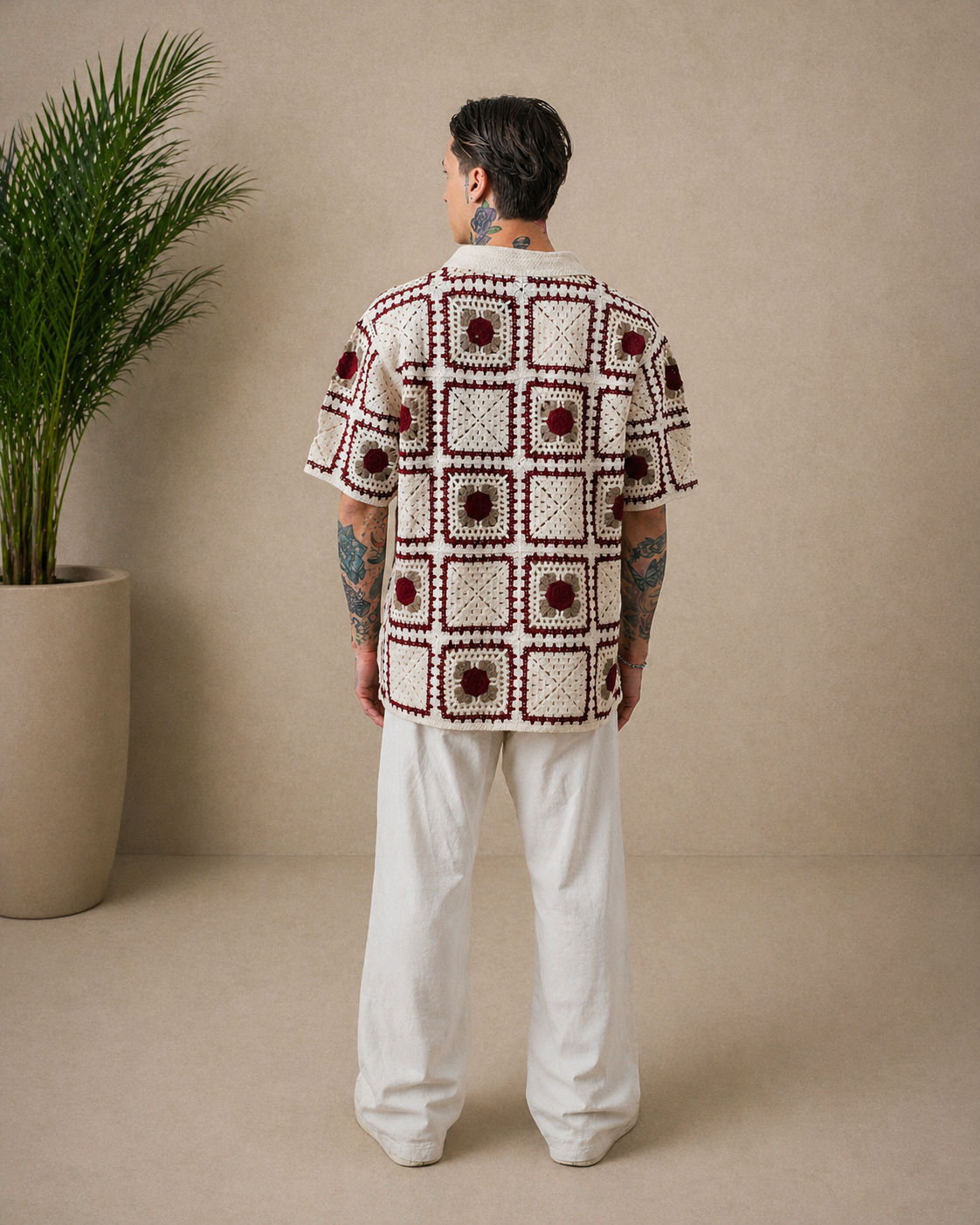 Chemise crochet beige et rouge