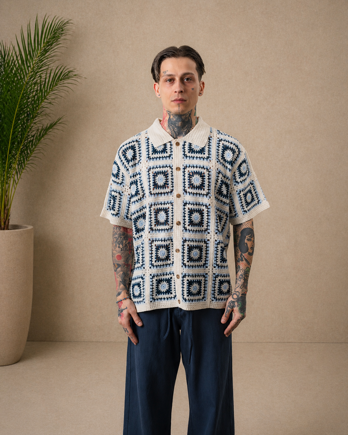 Chemise crochet beige et bleu