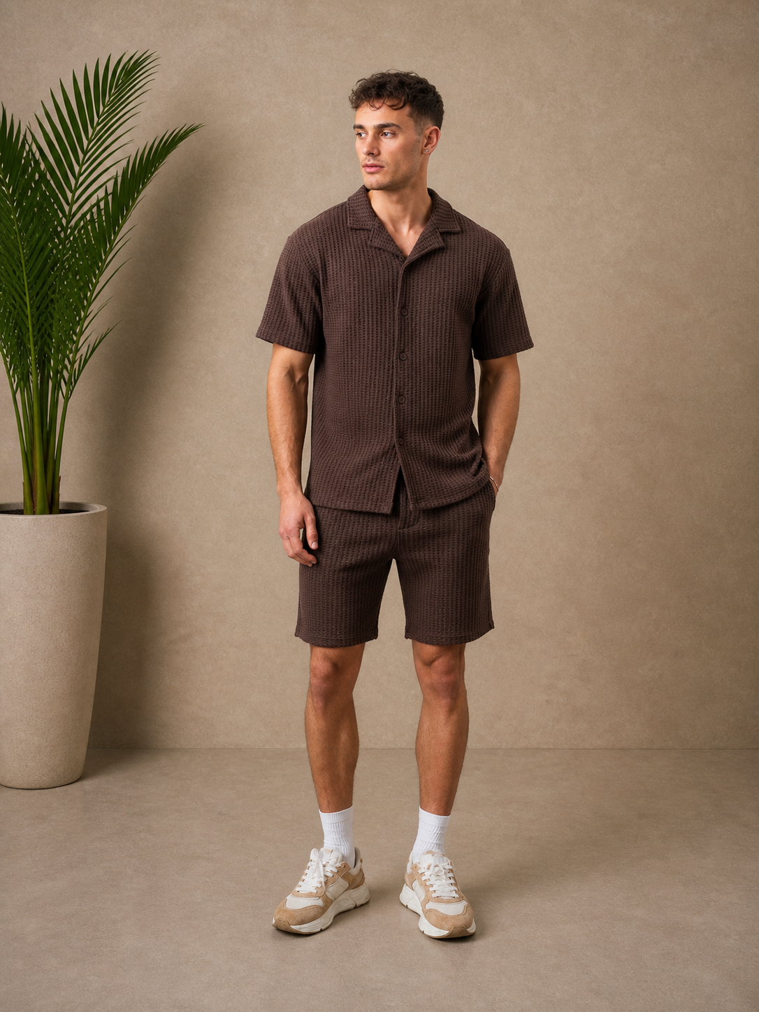 Ensemble short chemise maille marron