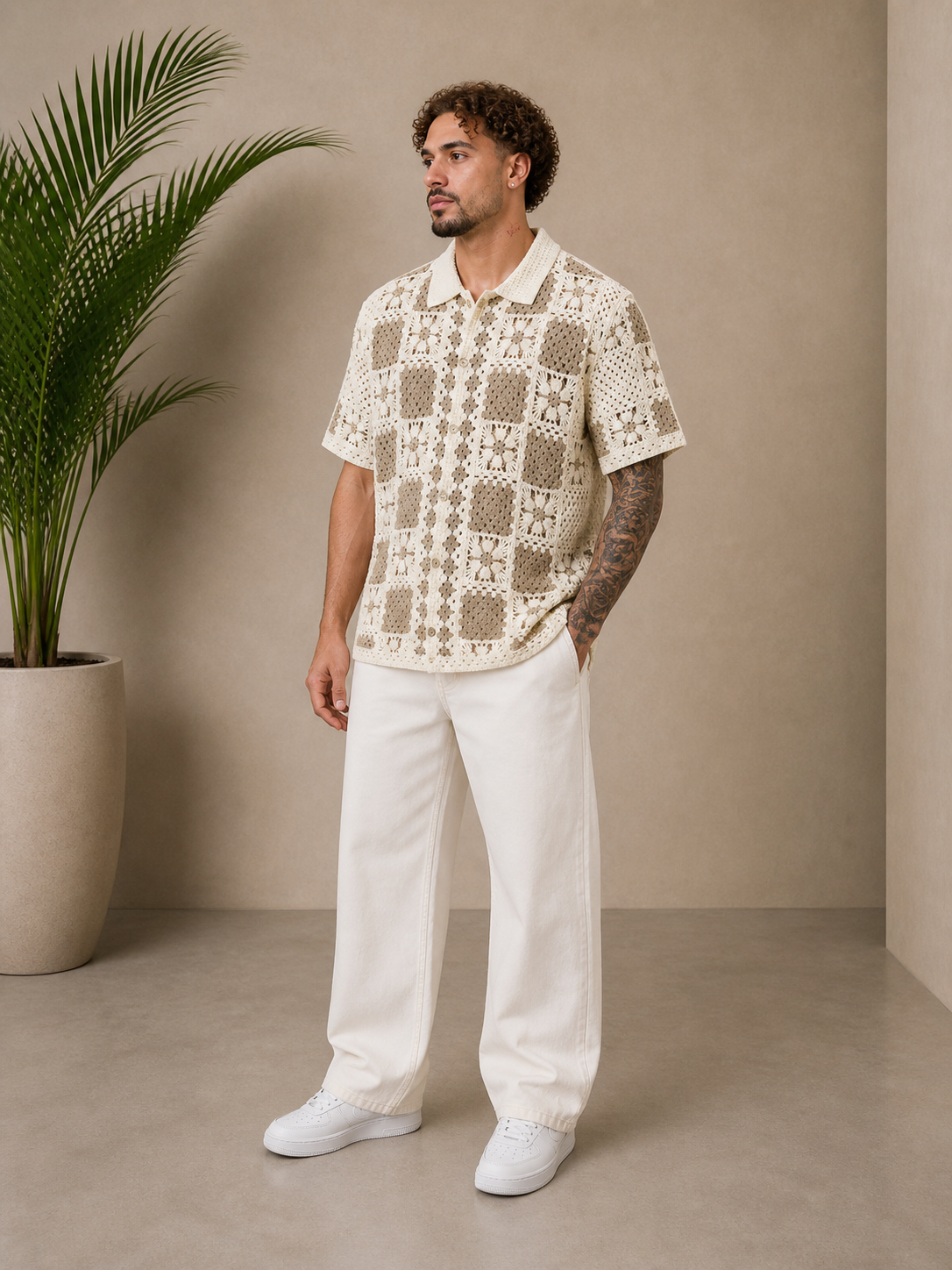 Chemise crochet beige / marron