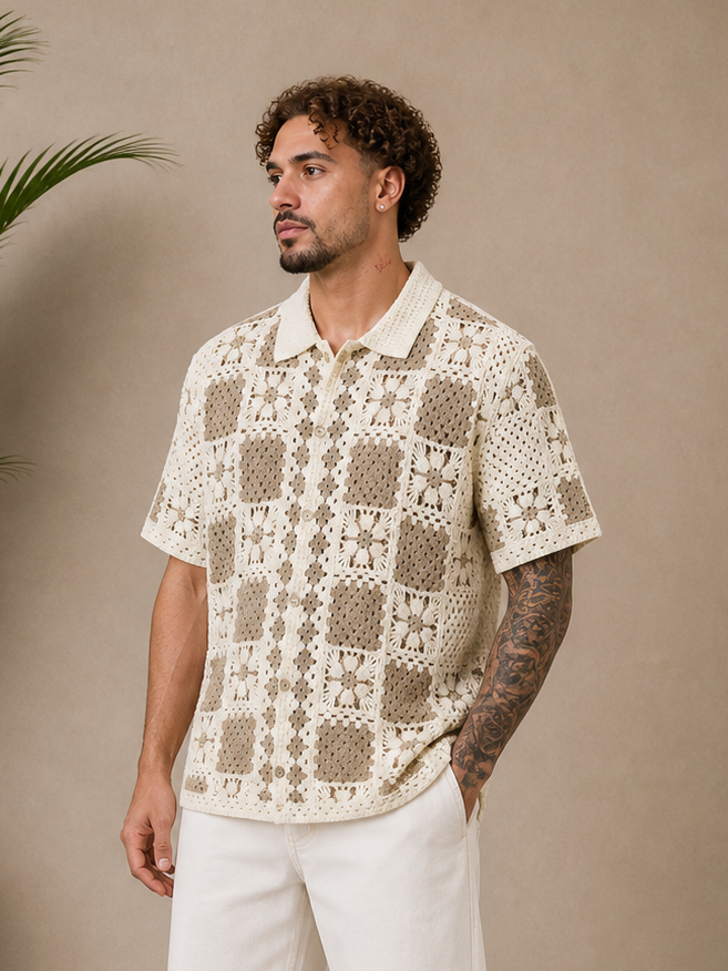 Chemise crochet beige / marron