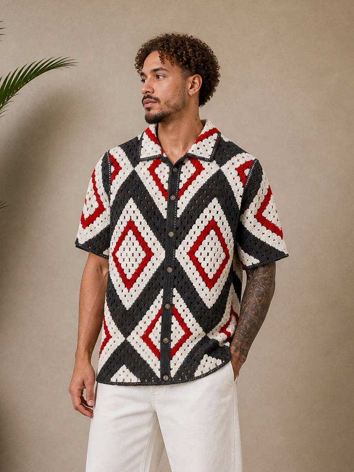 Chemise crochet gris / rouge