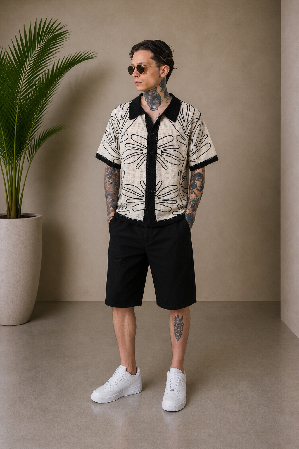 Chemise crochet motifs beige et noir