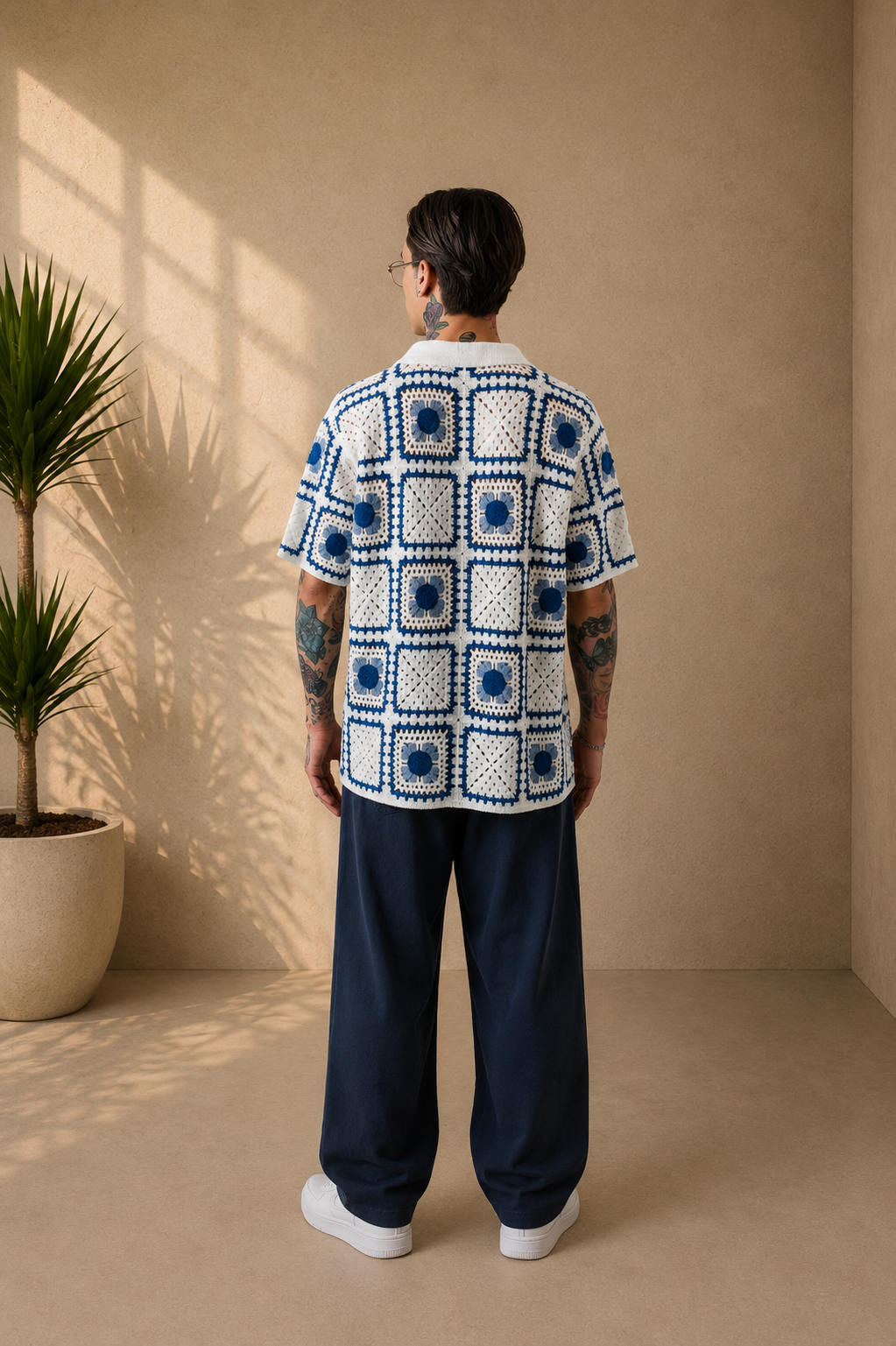 Chemise crochet blanche et bleu