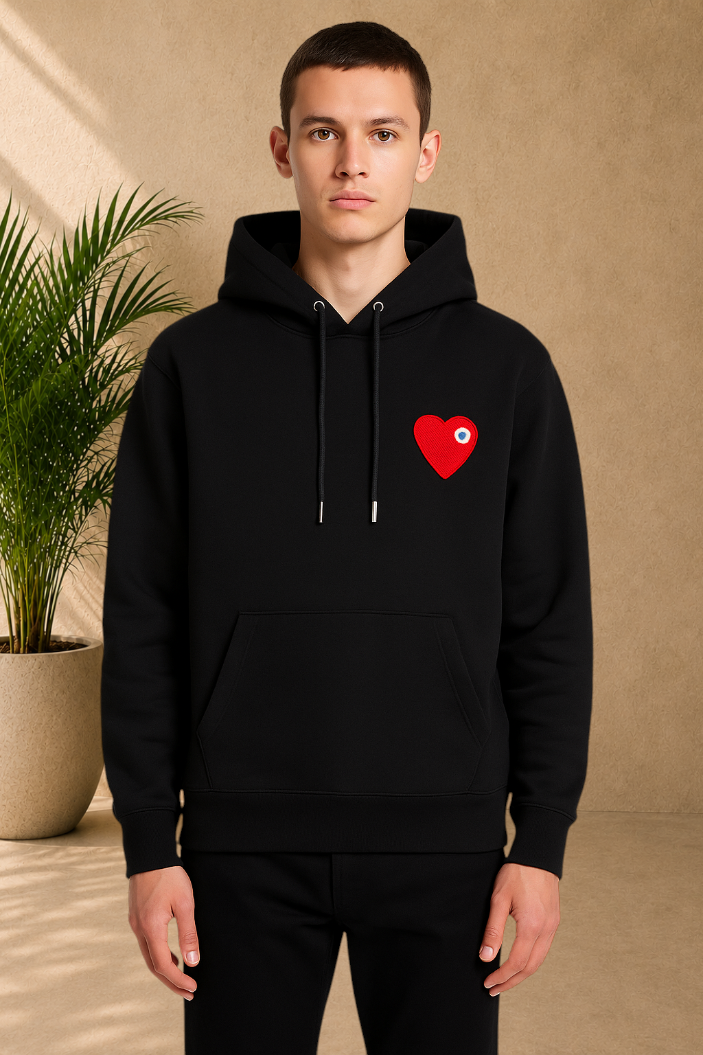 Stayin black hooded sweatshirt featuring a red heart patch on the chest, worn by a male model.