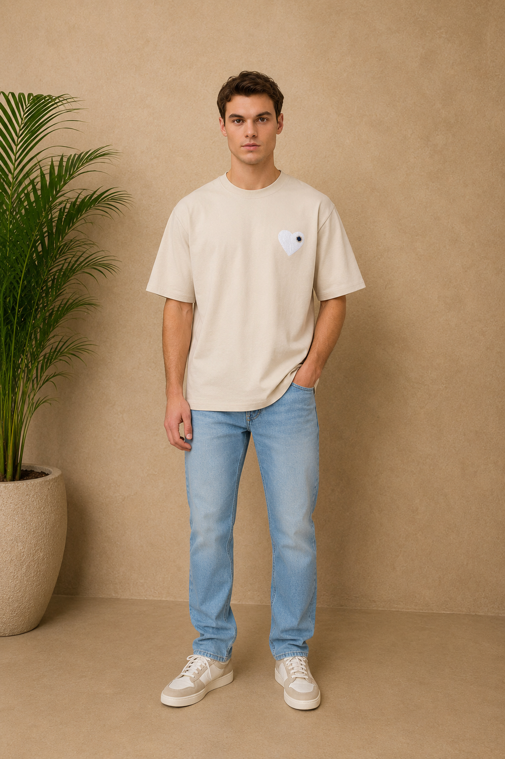 T-shirt beige cœur blanc